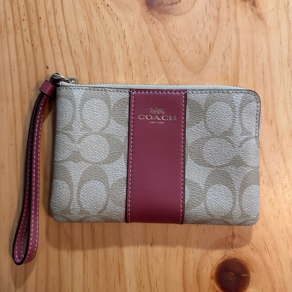 Coach Beige Wristlet with Red Accent
